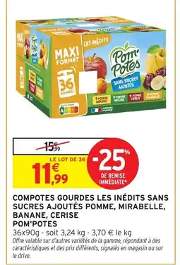 Intermarché Hyper POM'POTES Compotes gourdes les inédits sans sucres ajoutés pomme, mirabelle, banane, cerise offre