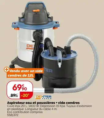 Weldom DEXTER POWER Aspirateur eau et poussières + vide cendres offre