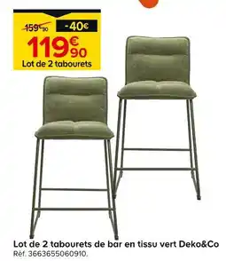Castorama Deko&Co Lot de 2 tabourets de bar en tissu vert offre