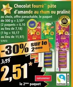 Norma Chocolat fourré pâte d'amande au rhum ou praliné offre