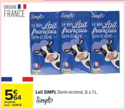 Carrefour Lait SIMPL Demi-écrémé, 6 x 1 L offre