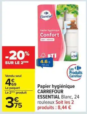 Carrefour Papier hygiénique CARREFOUR ESSENTIAL Blanc, 24 rouleaux offre