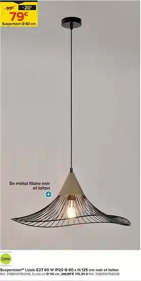 Corep - suspension lizzie e27 60w ip20 o60 x h.125cm noir et laiton