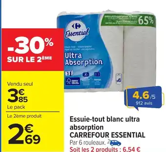 Carrefour Market CARREFOUR ESSENTIAL Essuie-tout blanc ultra absorption offre