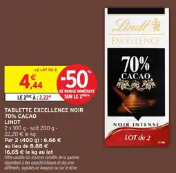 Intermarché Tablette excellence noir 70% cacao lindt offre
