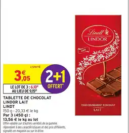 Intermarché Tablette de chocolat lindor lait lindt offre