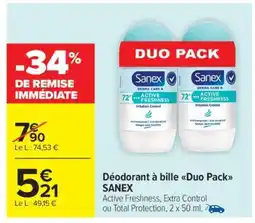 Carrefour Market Déodorant à bille Duo Pack SANEX offre
