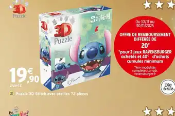 Intermarché RAVENSBURGER Puzzle 3d stitch avec oreilles offre