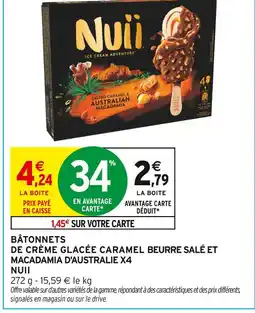 Intermarché Nuii Bâtonnets de crème glacée caramel beurre salé et macadamia d'Australie x4 offre