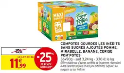 Intermarché Pom'Potes Compotes Gourdes Les Inédits Sans Sucres Ajoutés Pomme, Mirabelle, Banane, Cerise offre