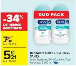Carrefour Sanex - déodorant à bille duo pack offre