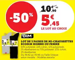 Hyper U Lot de 3 paires de mi-chaussettes ecodim homme ou femme offre