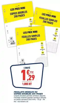 Bureau Vallée Prix mini - feuillets mobiles ou copies doubles 200 pages offre