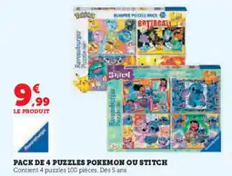 Hyper U Pack de 4 puzzles stitch ou gabby offre