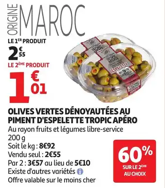 Auchan Olives vertes dénoyautées au piment d'espelette tropic apéro offre