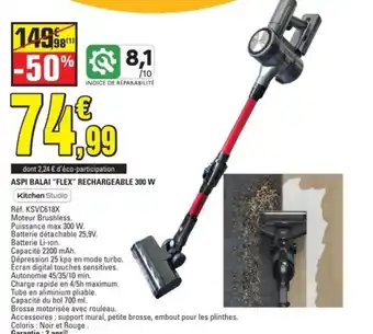 Aspi balai "flex" rechargeable 300 w