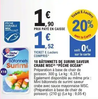 E.Leclerc 18 bâtonnets de surimi saveur crabe msc pêche océan offre