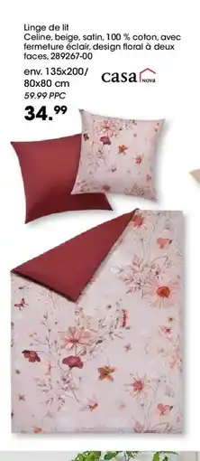 Möbel Martin Linge de lit Celine, beige, satin, 100% coton, avec fermeture éclair, design floral à deux faces offre