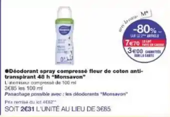 Monoprix Monsavon - déodorant spray compressé fleur de coton anti- transpirant 48 h offre