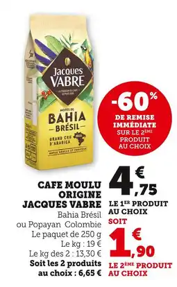 Super U Jacques Vabre Café Moulu Origine offre