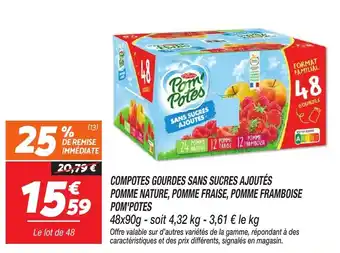 Netto Compotes gourdes sans sucres ajoutés pomme nature, pomme fraise, pomme framboise pom'potes offre
