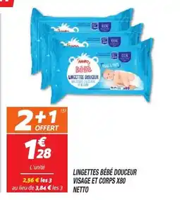Netto Lingettes bébé douceur visage et corps x80 netto offre