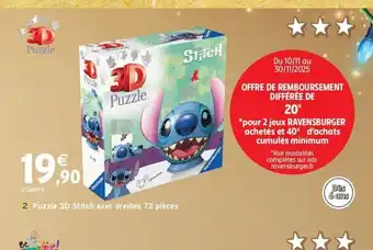 Intermarché Express 3D PUZZLE Puzzle 3D Stitch avec oreilles 72 pièces offre