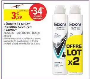 Intermarché Hyper Déodorant Spray Invisible Aqua 72H Rexona offre