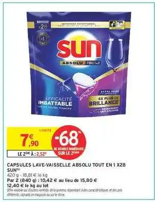 Intermarché CAPSULES LAVE-VAISSELLE ABSOLU TOUT EN 1 X28 SUN offre