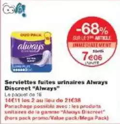 Monoprix Always - serviettes fuites urinaires discreet offre