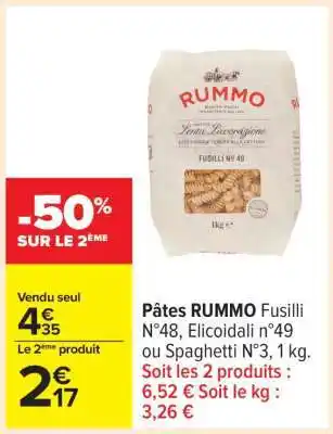 Carrefour Pâtes RUMMO Fusilli N°48, Elicoidali n°49 ou Spaghetti N°3, 1 kg offre