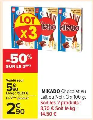 Carrefour MIKADO Chocolat au Lait ou Noir, 3 x 100 g offre