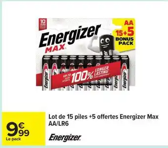 Carrefour Lot de 15 piles + 5 offertes Energizer Max AA/LR6 offre