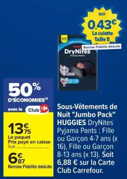 Carrefour HUGGIES Club Sous-Vêtements de Nuit "Jumbo Pack" offre
