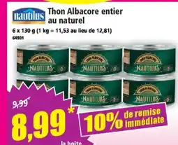 Norma NAUTILUS Thon Albacore entier au naturel offre