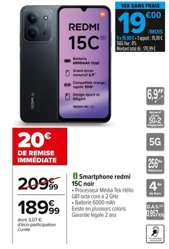 Carrefour Smartphone redmi 15C noir offre