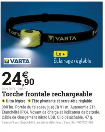 Espace emeraude VARTA Torche frontale rechargeable offre