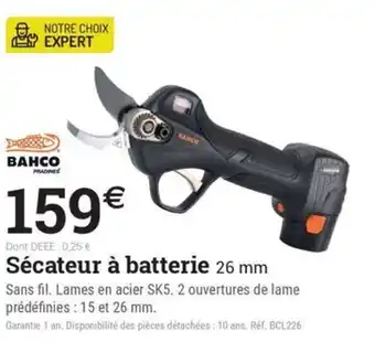 Espace emeraude BANCO Sécateur à batterie 26 mm offre