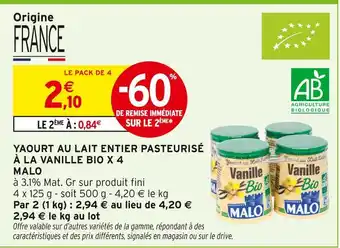 Intermarché MALO Yaourt au lait entier pasteurisé à la vanille bio x 4 offre