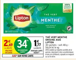 Intermarché LIPTON Thé Vert Menthe Origine Asie offre