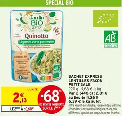 Intermarché JARDIN BIO ETIC Sachet express lentilles façon petit salé offre