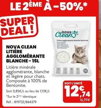 Animalis Nova Clean Litière agglomérante blanche - 15L offre