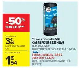 Carrefour Market 15 sacs poubelle 50 L CARREFOUR ESSENTIAL offre