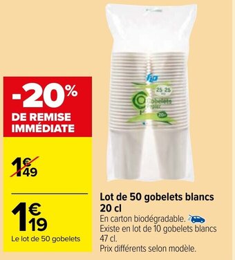 Carrefour Market Lot de 50 Gobelets Blancs offre