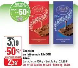 G20 LINDOR LINDT Chocolat au lait ou noir offre