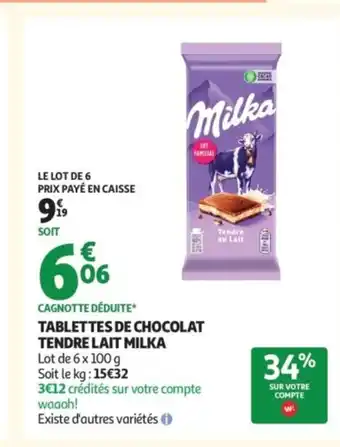 Auchan MILKA Tablettes de chocolat tendre lait offre