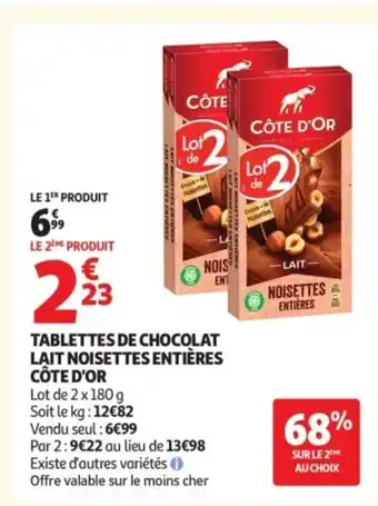 Auchan CÔTE D'OR Tablettes de chocolat lait noisettes entières offre