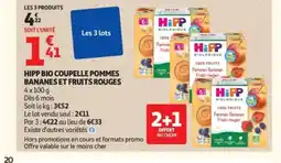 Auchan HIPP Bio coupelle pommes bananes et fruits rouges offre