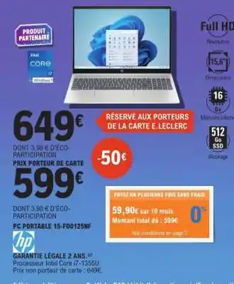 E.Leclerc PC PORTABLE 15-FD0125NF offre