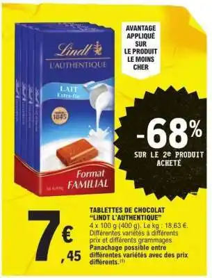 E.Leclerc Tablettes de chocolat 'Lindt L'Authentique' offre